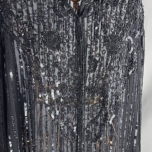 Long Black Beaded & Sequined Sheer Sparkly Holiday Snap Button Jacket Size1X - Picture 12 of 16